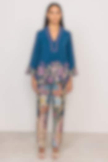 Blue Stella Crepe Printed & Embroidered Blouse by Ranna Gill at Pernia's Pop Up Shop
