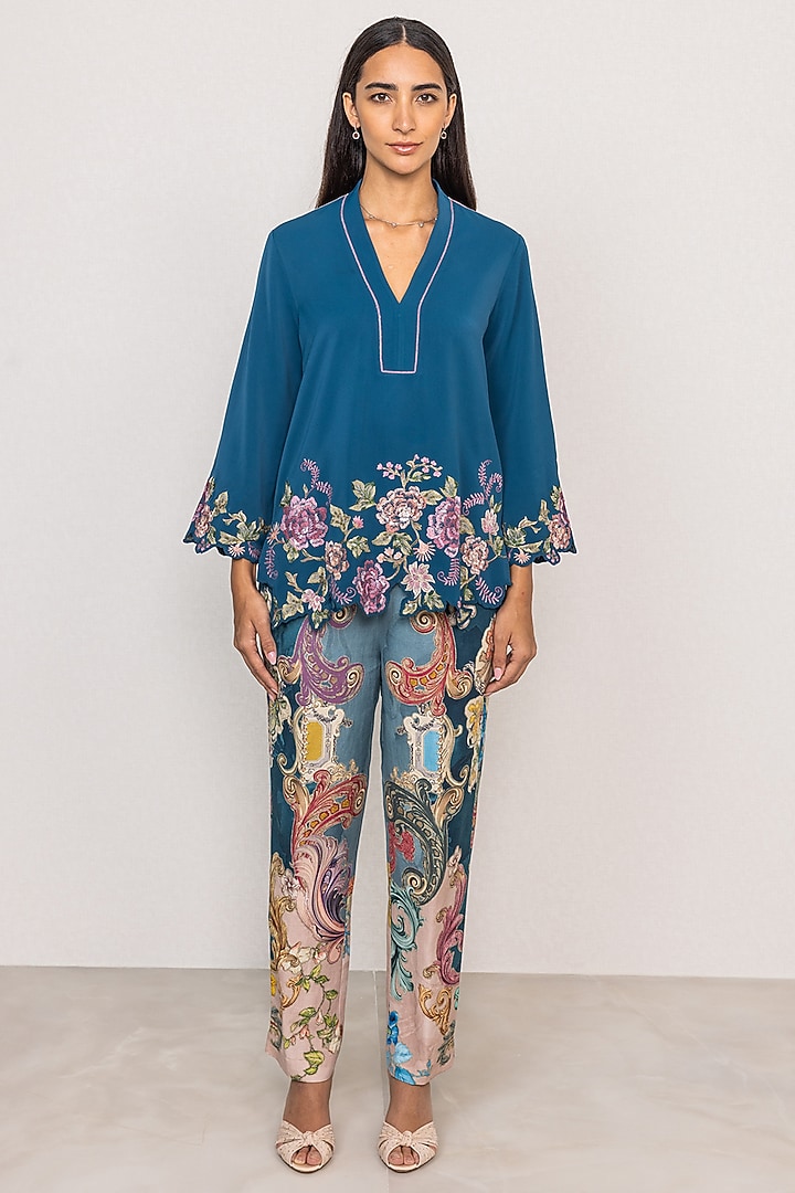 Blue Stella Crepe Printed & Embroidered Blouse by Ranna Gill at Pernia's Pop Up Shop