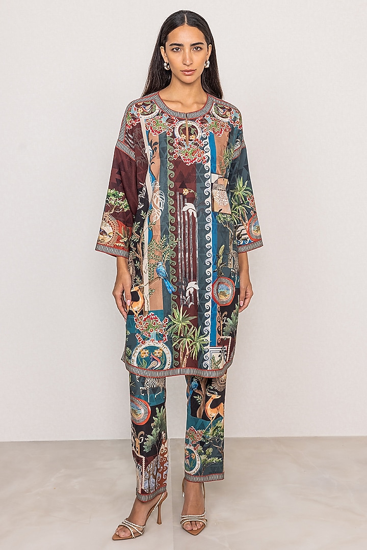 Multi-Colored Poly Crinkle Printed & Embroidered Tunic Set by Ranna Gill at Pernia's Pop Up Shop