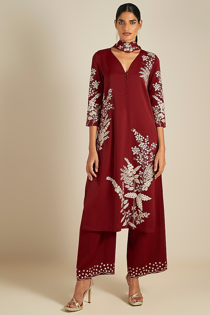 Maroon Embroidered Tunic Set by Ranna Gill