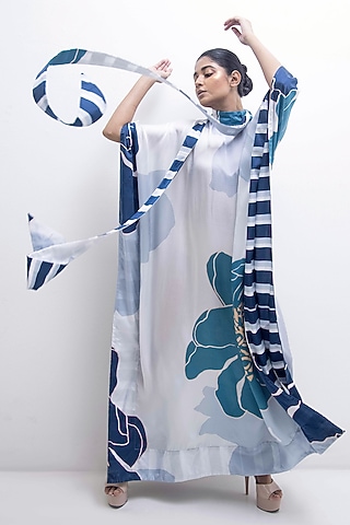 Grey Modal Satin Floral Printed Kaftan by Rimi Nayak