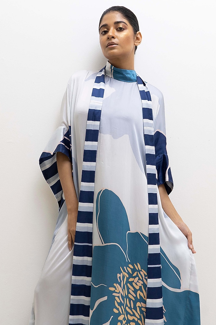Grey Modal Satin Floral Printed Kaftan by Rimi Nayak at Pernia's Pop Up Shop