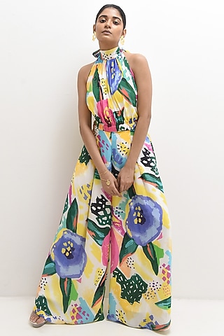 Multi-Colored Crepe Modal Floral Printed Jumpsuit by Rimi Nayak