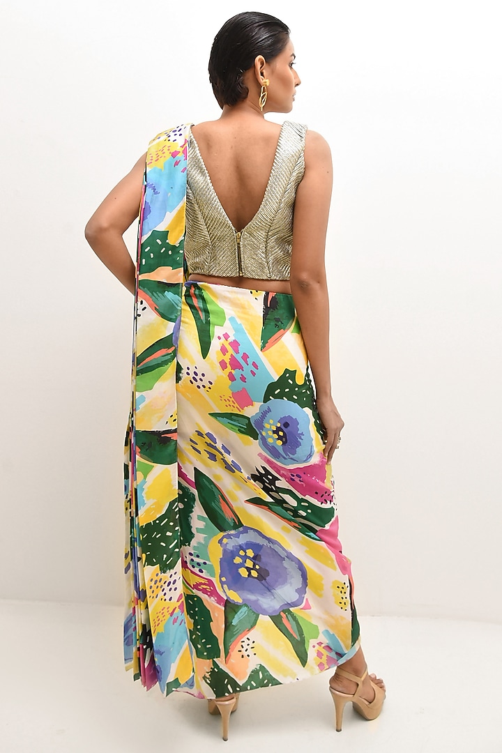 Multi-Colored Crepe Modal Floral Printed Pre-Stitched Wedding Saree Set by Rimi Nayak at Pernia's Pop Up Shop