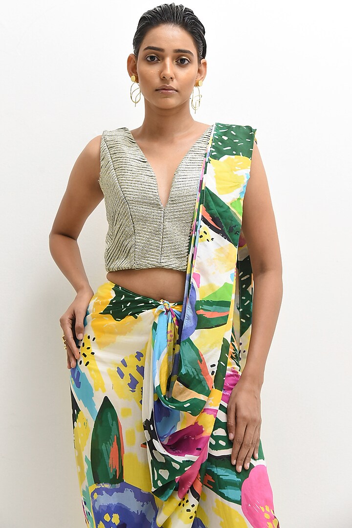 Multi-Colored Crepe Modal Floral Printed Pre-Stitched Wedding Saree Set by Rimi Nayak at Pernia's Pop Up Shop