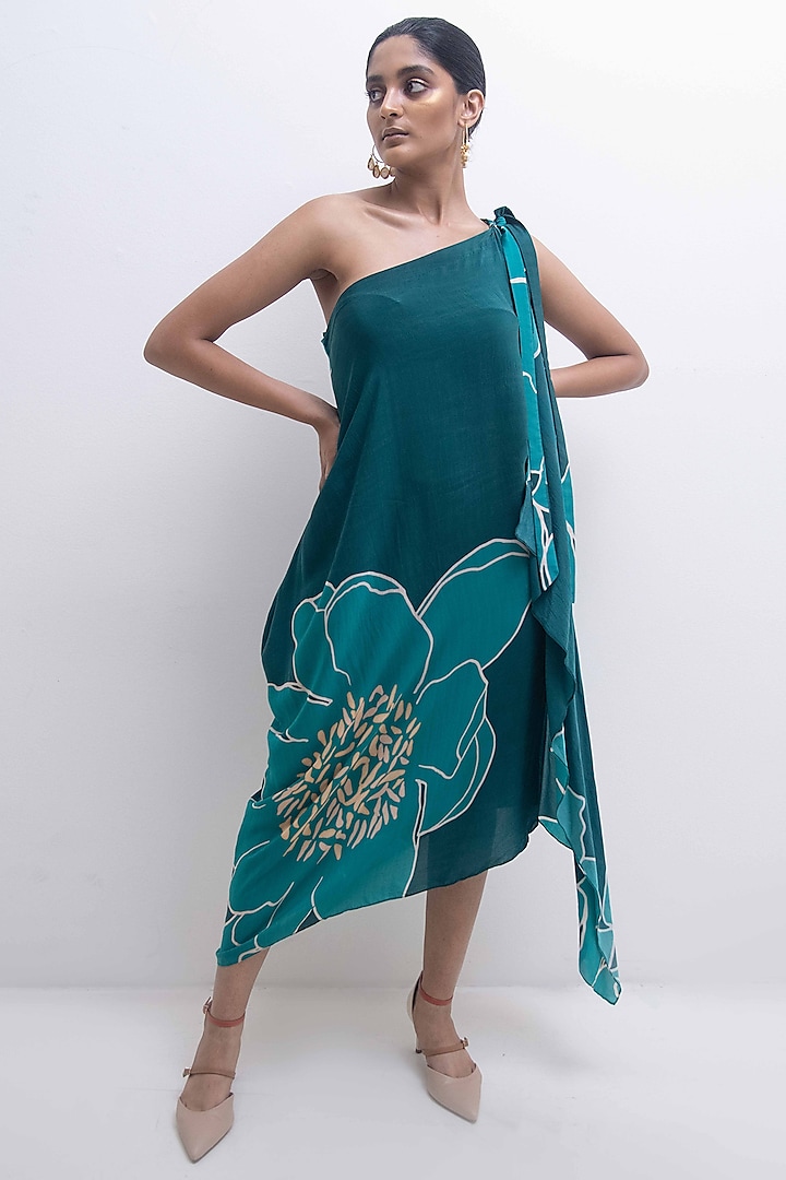 Green Crepe Modal Floral Printed One-Shoulder Dress by Rimi Nayak