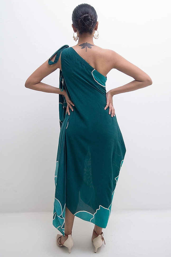 Green Crepe Modal Floral Printed One-Shoulder Vacation Dress by Rimi Nayak at Pernia's Pop Up Shop
