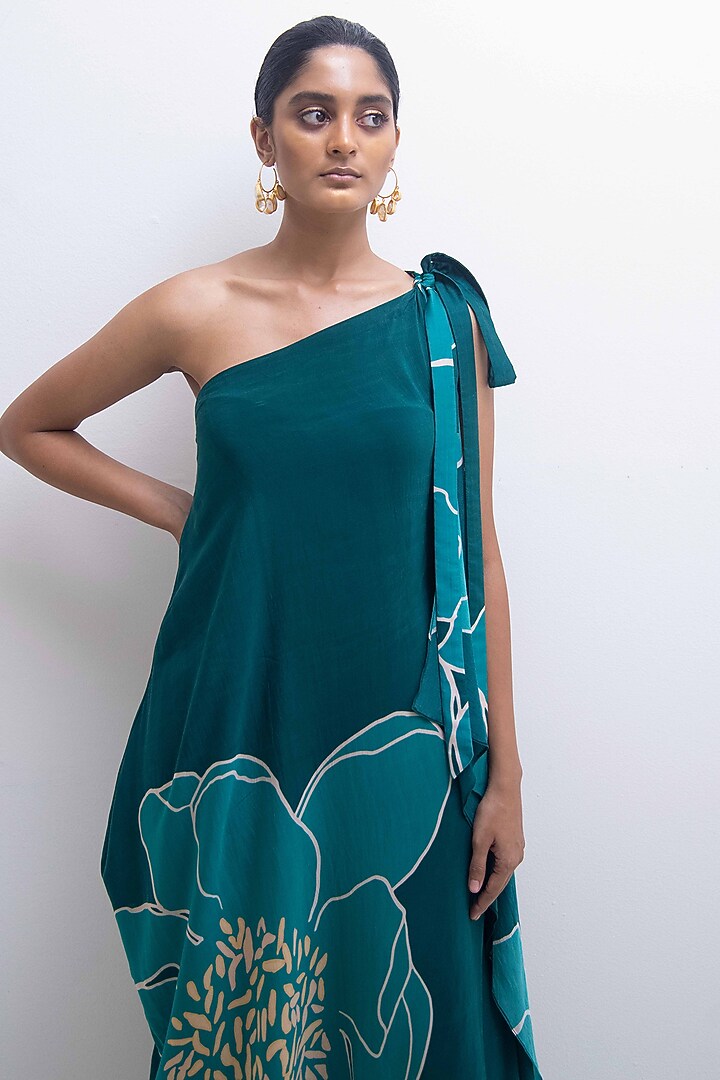 Green Crepe Modal Floral Printed One-Shoulder Vacation Dress by Rimi Nayak at Pernia's Pop Up Shop