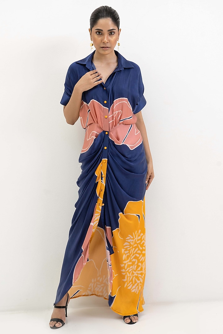 Blue & Ochre Yellow Crepe Modal Floral Printed Draped Shirt Dress by Rimi Nayak