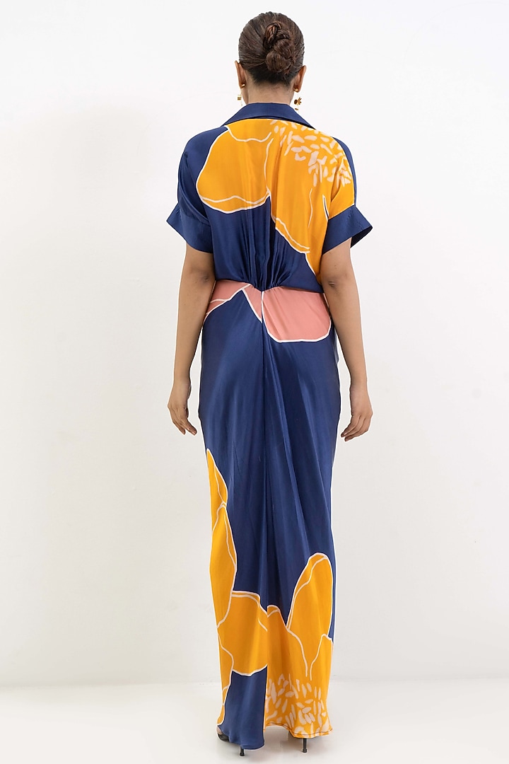 Blue & Ochre Yellow Crepe Modal Floral Printed Draped Vacation Shirt Dress by Rimi Nayak at Pernia's Pop Up Shop