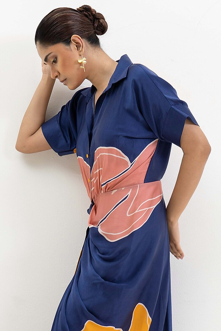 Blue & Ochre Yellow Crepe Modal Floral Printed Draped Vacation Shirt Dress by Rimi Nayak at Pernia's Pop Up Shop
