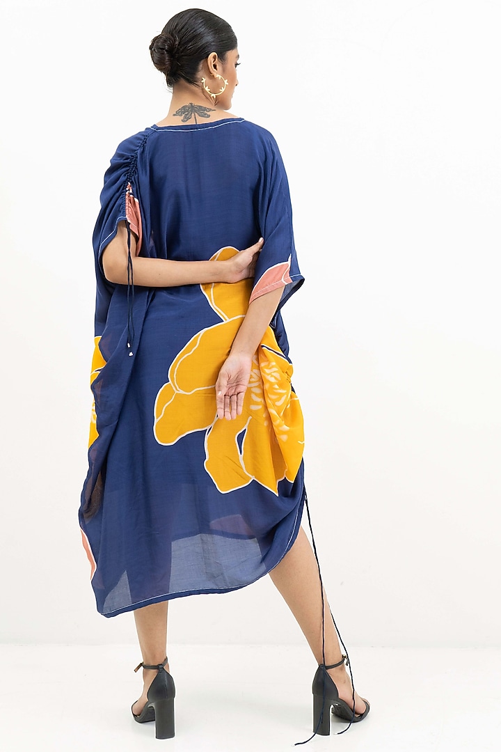 Blue & Ochre Yellow Crepe Modal Floral Printed Summer Dress by Rimi Nayak at Pernia's Pop Up Shop