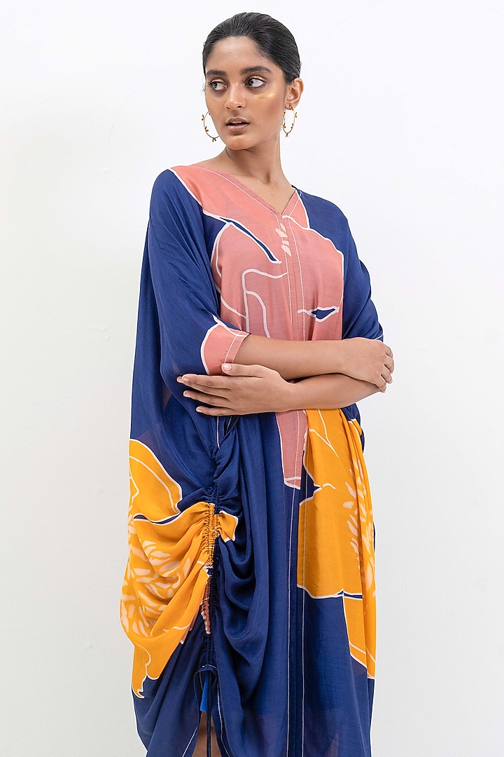 Blue & Ochre Yellow Crepe Modal Floral Printed Summer Dress by Rimi Nayak at Pernia's Pop Up Shop