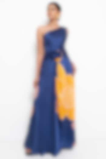 Blue & Ochre Yellow Modal Satin Floral Printed Draped Dress by Rimi Nayak