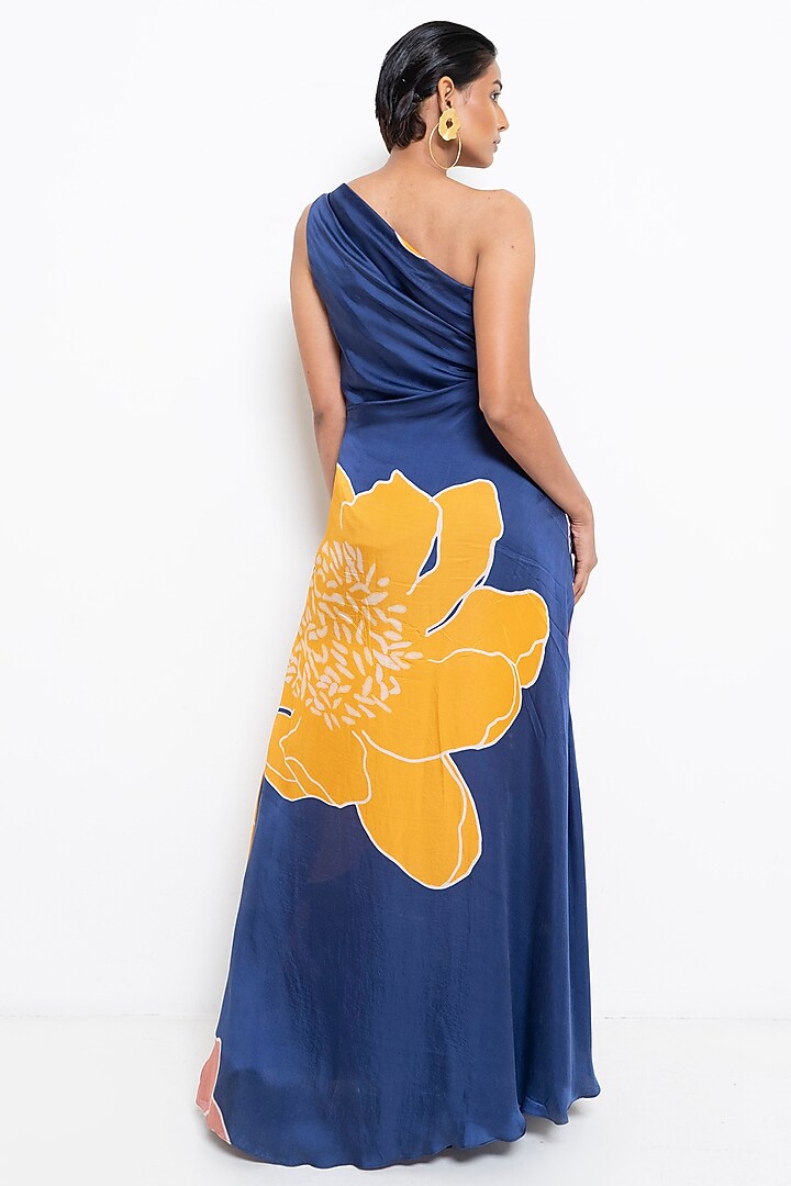 Blue & Ochre Yellow Modal Satin Floral Printed Draped Vacation Dress by Rimi Nayak at Pernia's Pop Up Shop