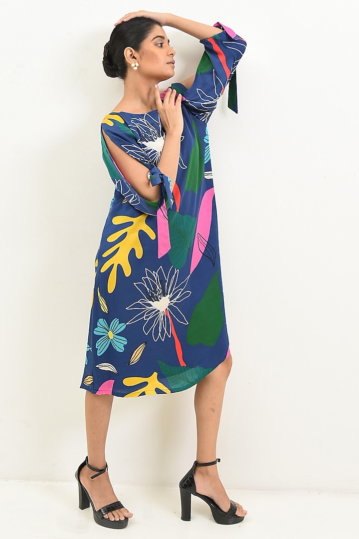 Blue Modal Satin Floral Printed Knee-Length Dress by Rimi Nayak