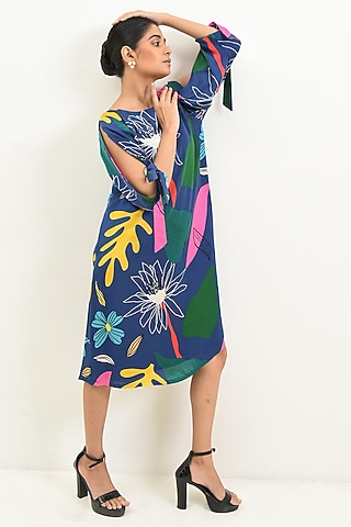 Blue Modal Satin Floral Printed Knee-Length Dress by Rimi Nayak