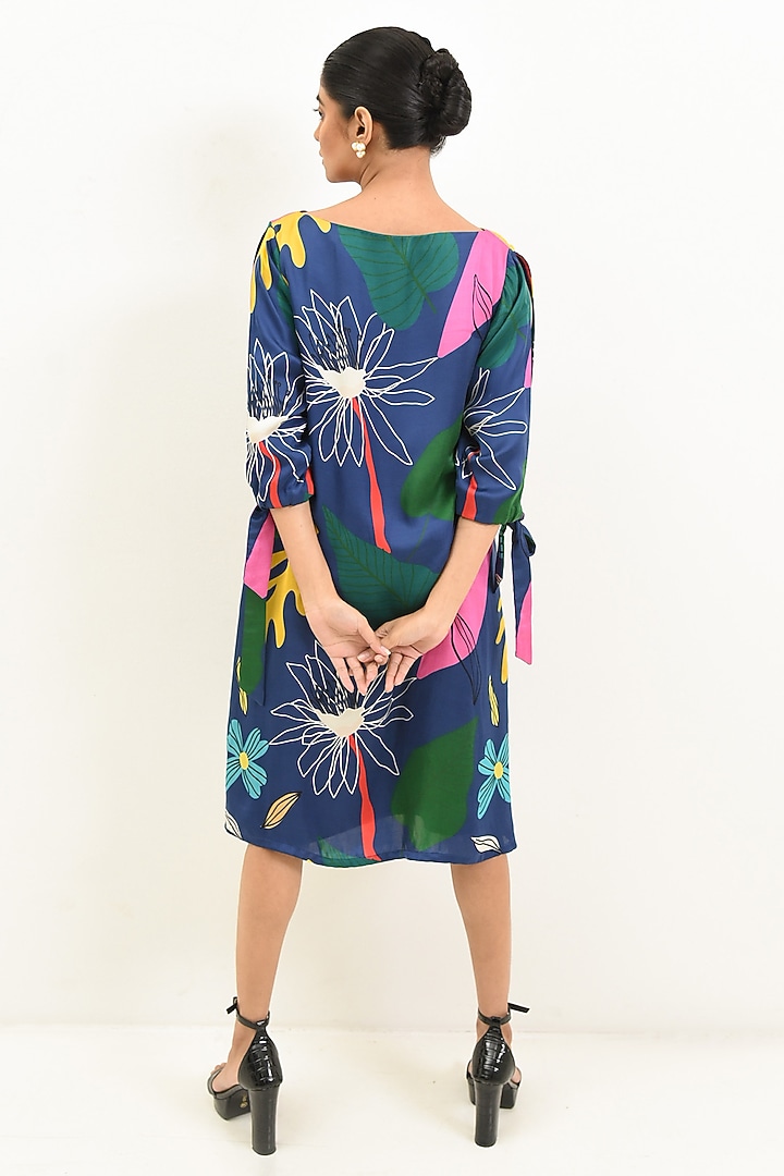 Blue Modal Satin Floral Printed Knee-Length Summer Dress by Rimi Nayak at Pernia's Pop Up Shop