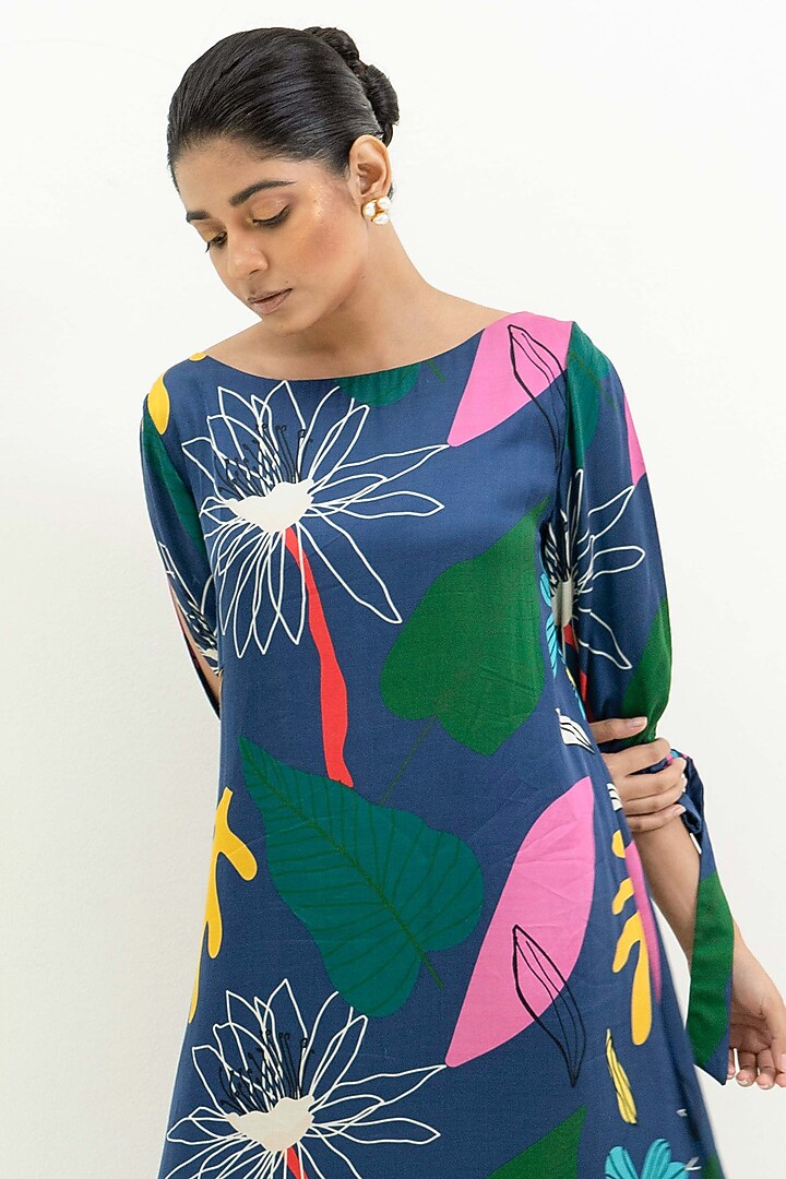 Blue Modal Satin Floral Printed Knee-Length Summer Dress by Rimi Nayak at Pernia's Pop Up Shop