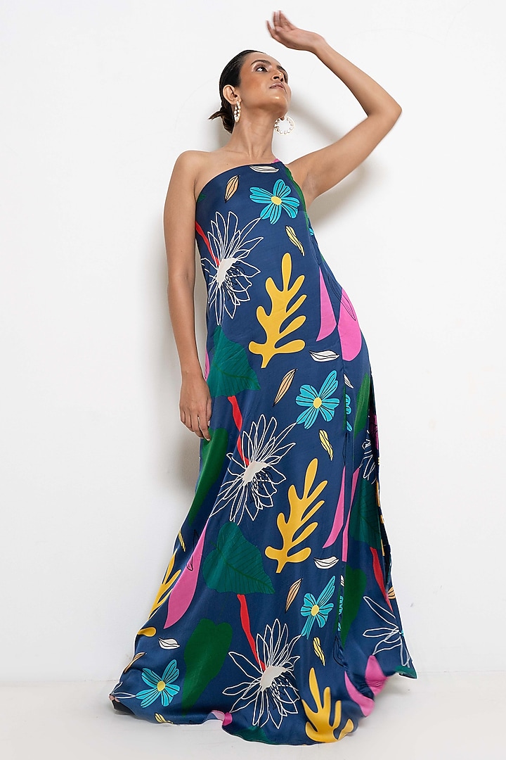 Blue Modal Satin Floral Printed One-Shoulder Maxi Dress by Rimi Nayak