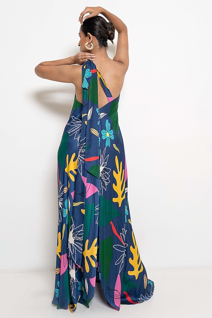 Blue Modal Satin Floral Printed One-Shoulder Maxi Vacation Dress by Rimi Nayak at Pernia's Pop Up Shop
