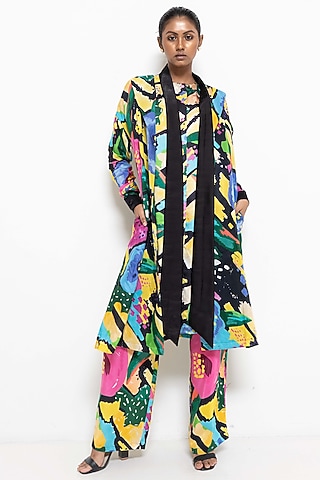 Black Crepe Modal Floral Printed Jacket Set by Rimi Nayak