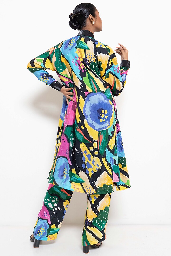 Black Crepe Modal Floral Printed Jacket Set by Rimi Nayak at Pernia's Pop Up Shop