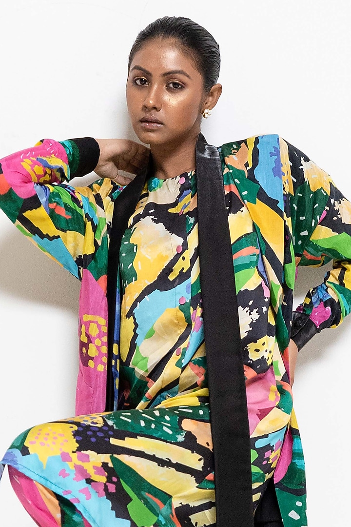 Black Crepe Modal Floral Printed Jacket Set by Rimi Nayak at Pernia's Pop Up Shop
