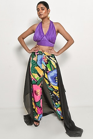 Black Crepe Modal & Modal Satin Floral Printed Co-Ord Set by Rimi Nayak