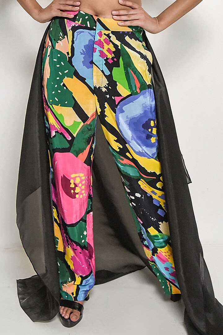Black Crepe Modal Floral Printed Trousers by Rimi Nayak