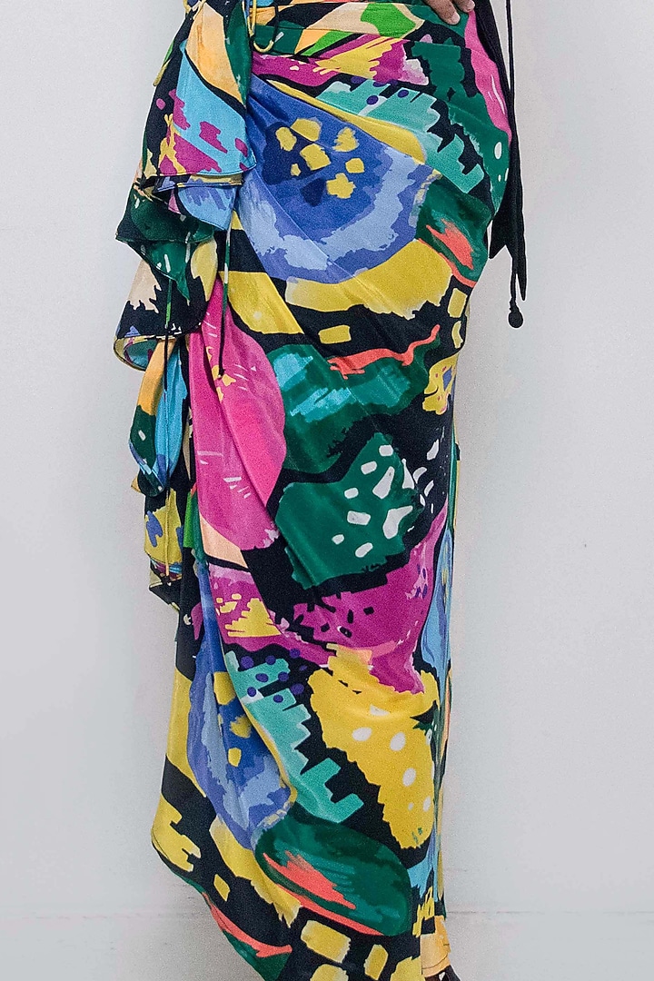 Black Crepe Modal Floral Printed Draped Skirt Set by Rimi Nayak at Pernia's Pop Up Shop