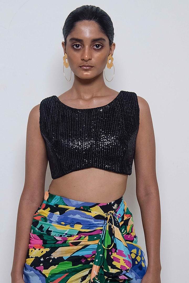 Black Crepe Modal Floral Printed Draped Skirt Set by Rimi Nayak at Pernia's Pop Up Shop