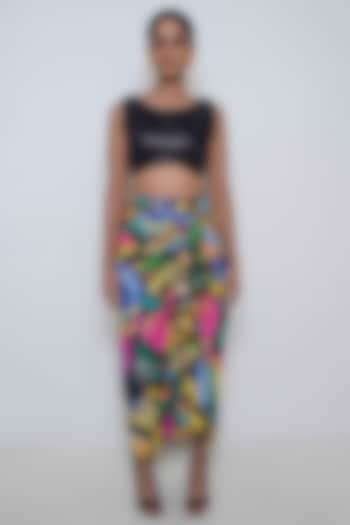 Black Crepe Modal Floral Printed Draped Skirt by Rimi Nayak