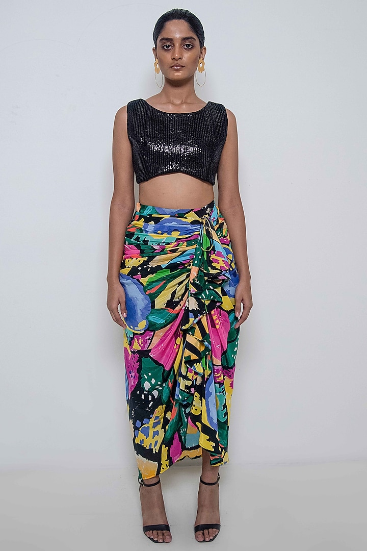 Black Crepe Modal Floral Printed Draped Skirt by Rimi Nayak
