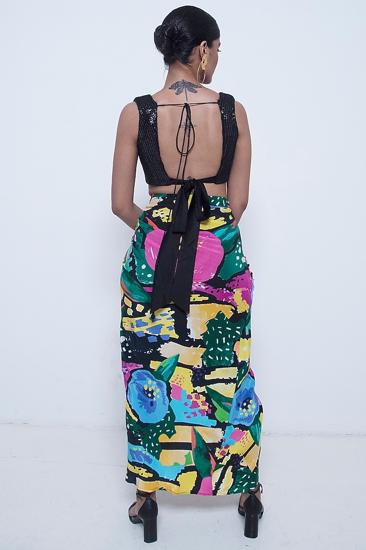 Black Crepe Modal Floral Printed Draped Skirt by Rimi Nayak at Pernia's Pop Up Shop