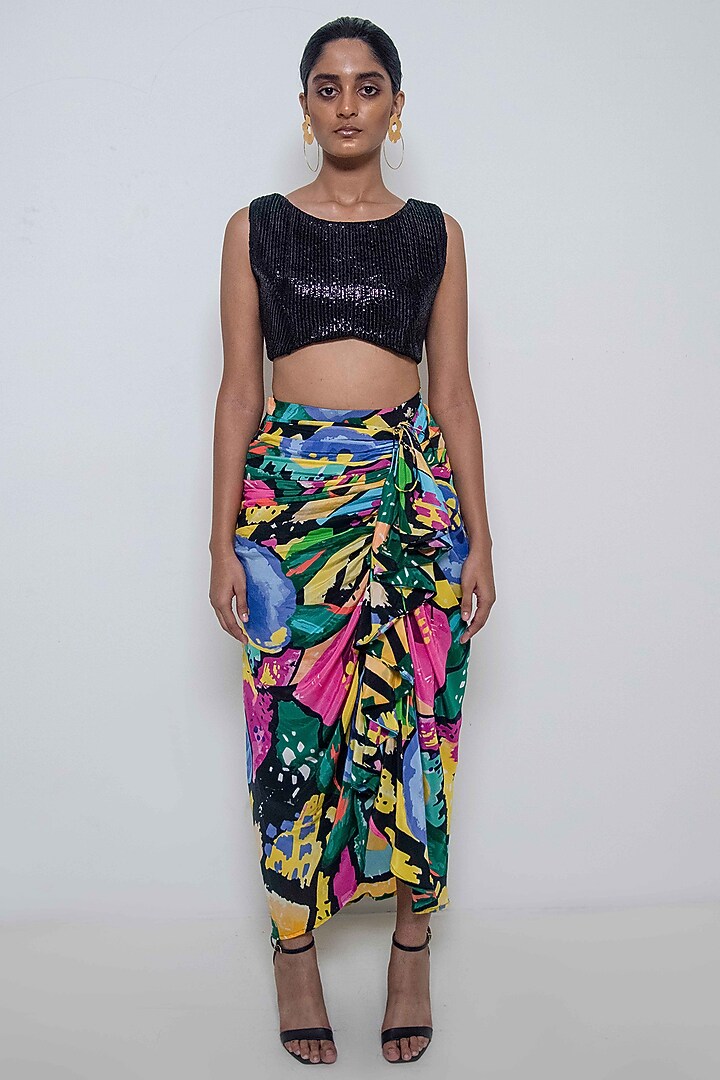 Black Cotton Silk Textured Embellished Crop Top by Rimi Nayak at Pernia's Pop Up Shop