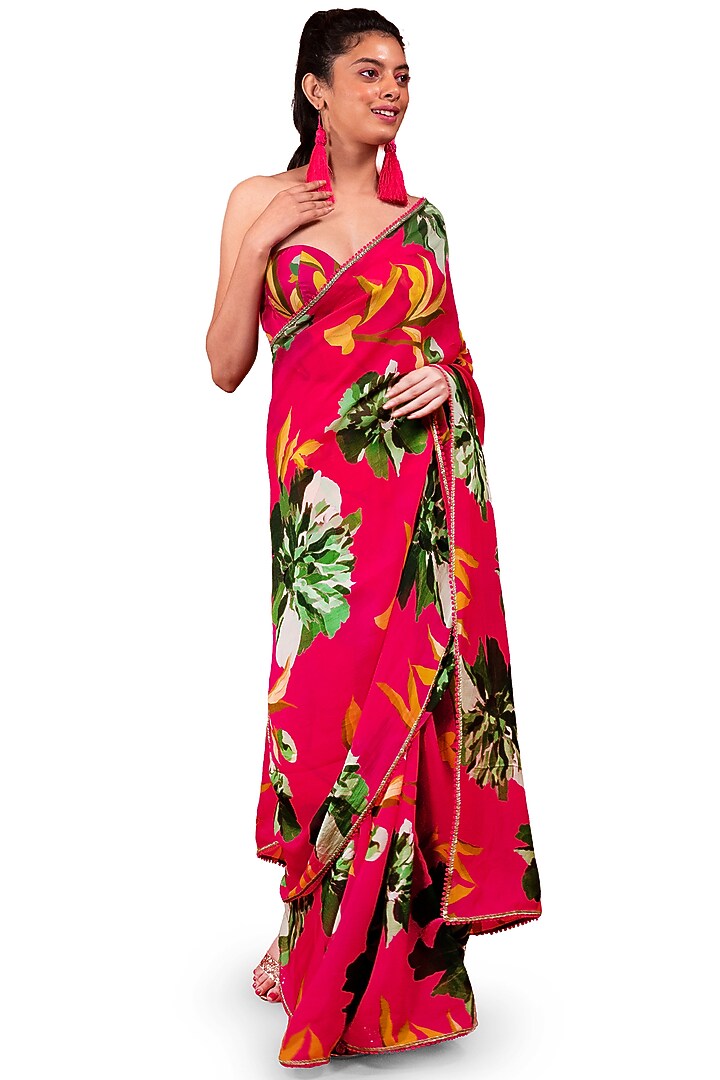 Pink Organza Floral Printed Party Wear Saree Set by Rimi Nayak at Pernia's Pop Up Shop