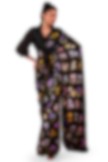 Black Georgette Printed & Embroidered Saree Set by Rimi Nayak