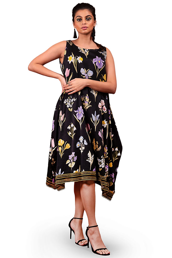 Black Chanderi Printed & Embroidered Asymmetrical Dress by Rimi Nayak