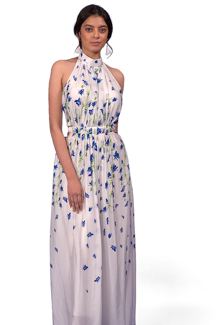 White Modal Satin Floral Printed Maxi Vacation Dress by Rimi Nayak at Pernia's Pop Up Shop