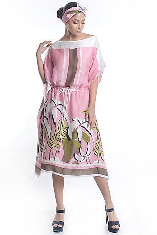 Mauve Embroidered & Printed Kaftan Dress by Rimi Nayak