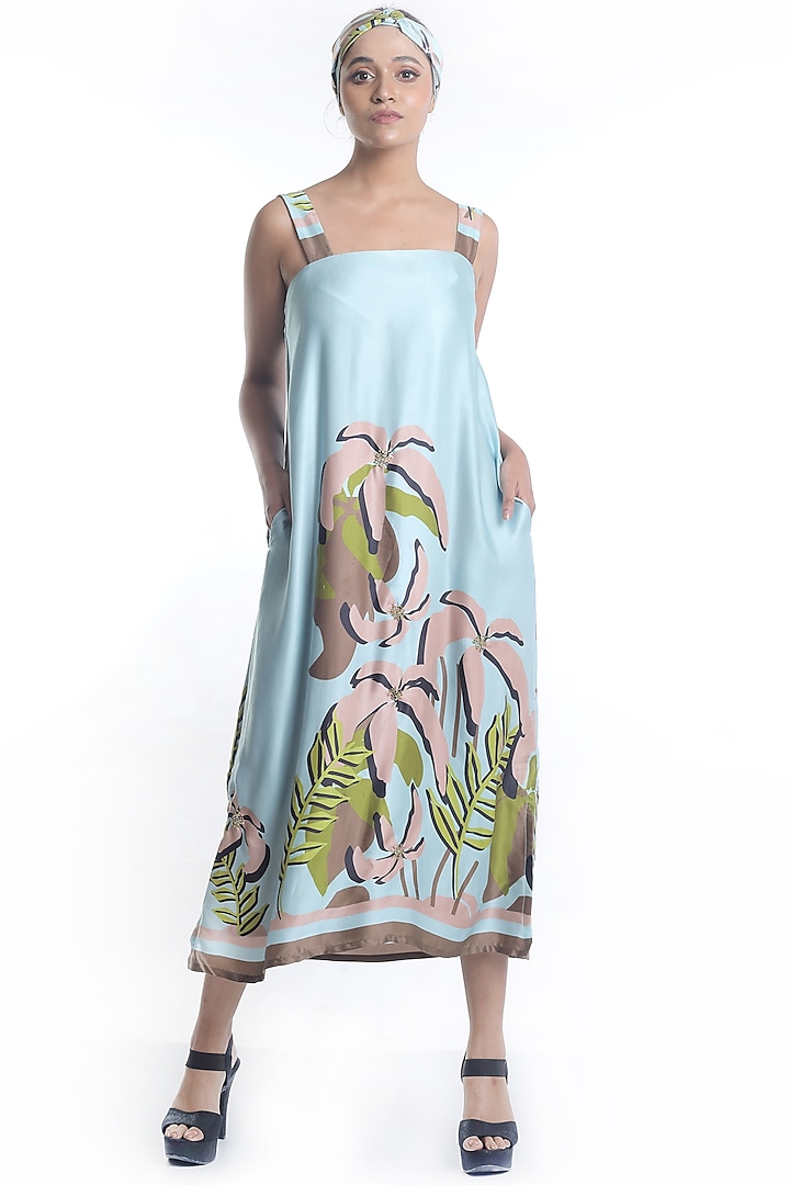 Sky Blue Embroidered & Printed Dress by Rimi Nayak