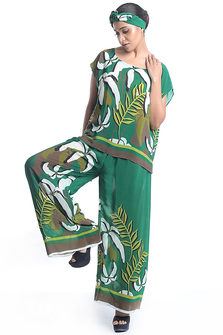 Emerald Green Embroidered & Printed Top With Pants by Rimi Nayak