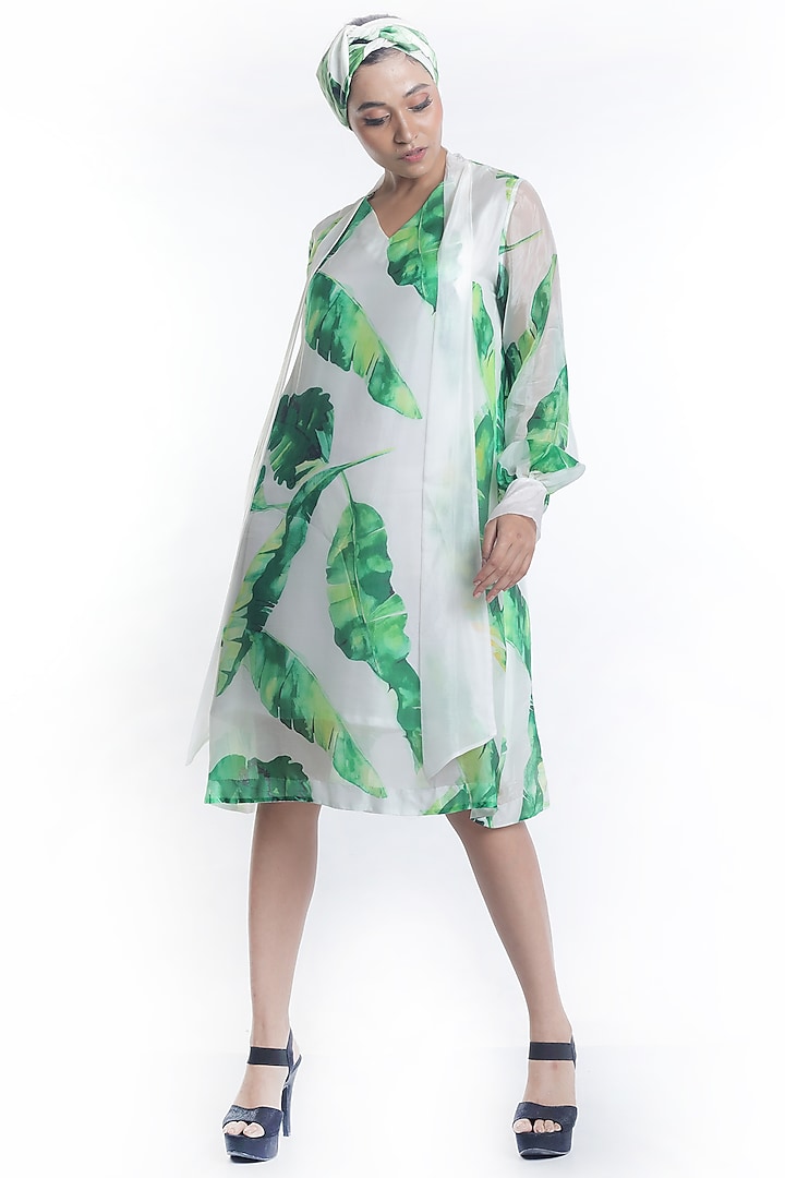 White Banana Leaf Printed Dress by Rimi Nayak