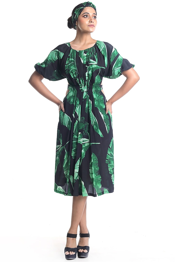 Black Banana Leaf Printed Dress by Rimi Nayak
