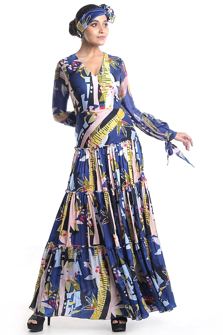 Cobalt Blue Tiered Printed Dress by Rimi Nayak
