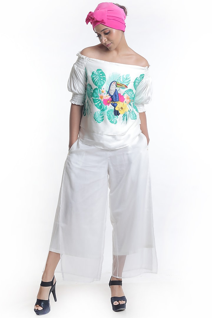 White Printed Off Shoulder Top With Pants by Rimi Nayak