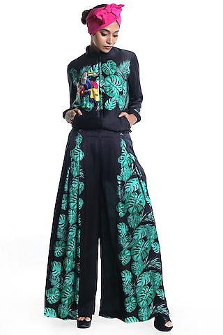 Black Printed Bomber Jacket Set by Rimi Nayak