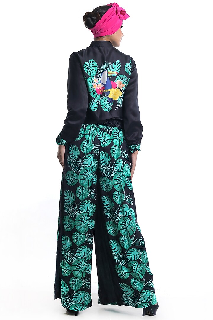 Black Printed Bomber Jacket Set by Rimi Nayak at Pernia's Pop Up Shop