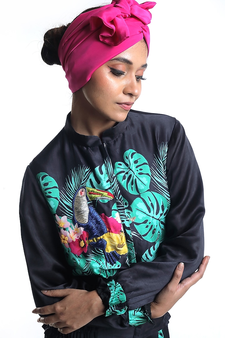 Black Printed Bomber Jacket Set by Rimi Nayak at Pernia's Pop Up Shop
